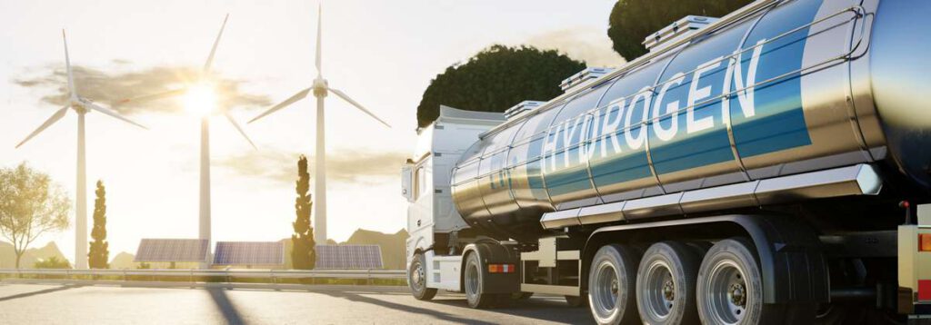 Truck on road with H2 Hydrogen logo. Renewable or sustainable electricity. Clean alternative ecological energy. 3D rendering.