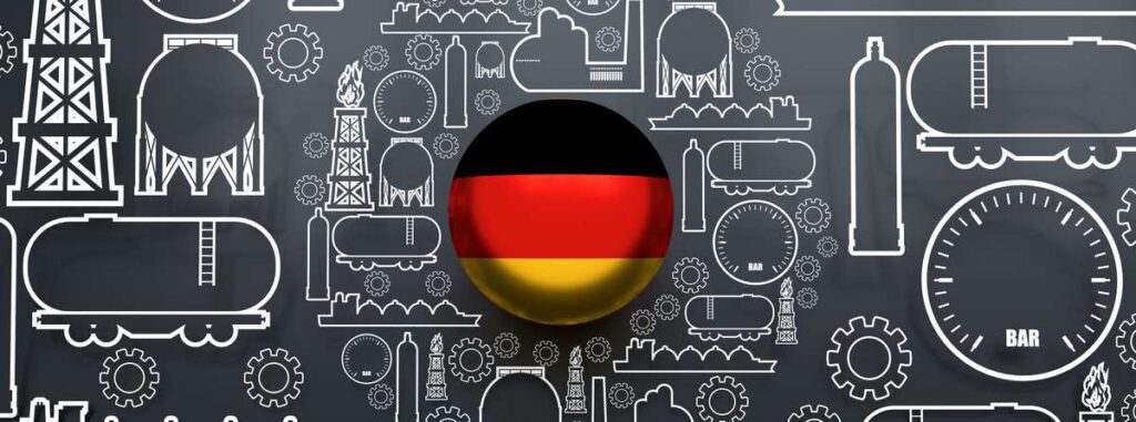 Energy and Power icons set. Design concept of natural gas industry. Circle with industrial line icons. Flag of the Germany. 3D rendering