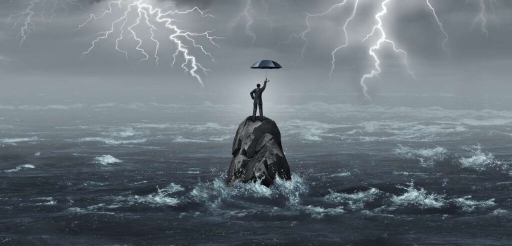 Business umbrella held by a businessman in a storm with thunder and lightning as a corporate crisis metaphor for financial security or protection idea with 3D illustration elements.