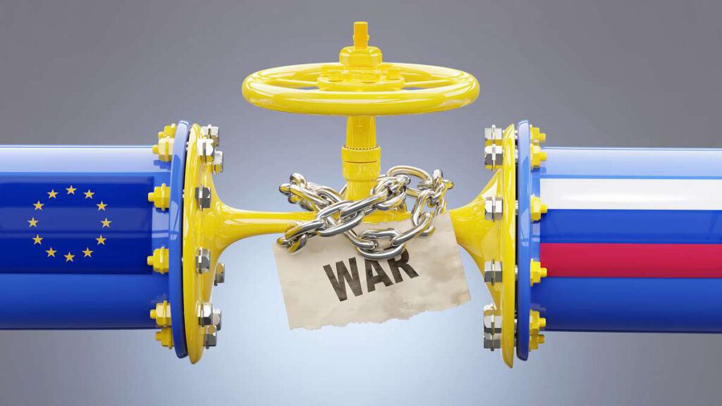 EU Europe and Russia oil and gas sanctions, stand-off and war. Squeezed gas pipe symbolizes the LNG embargo, crisis and upcoming price rises., 3d illustration.